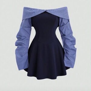 SHEIN Navy and Blue Plaid Off-Shoulder Mini Dress